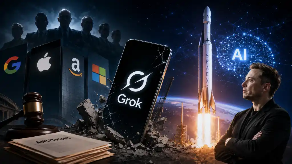 Elon Musk em um evento, com o logotipo da SpaceX ao fundo, gesticulando enquanto fala sobre tecnologia e o futuro da inteligência artificial.