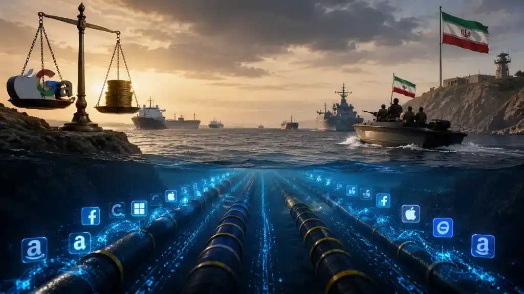 Cabo de internet submarino submerso no oceano, com um mapa abstrato destacando o Estreito de Ormuz ao fundo.