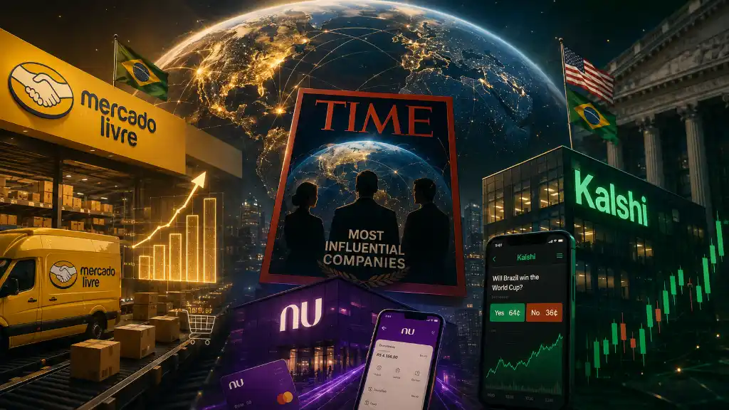 Logo das empresas Mercado Livre, Nubank e Kalshi em destaque, simbolizando a inovação financeira brasileira.