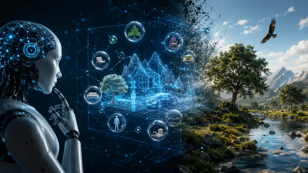 Pessoa interagindo com um holograma ou interface futurista, simbolizando a IA aprendendo sobre o mundo.
