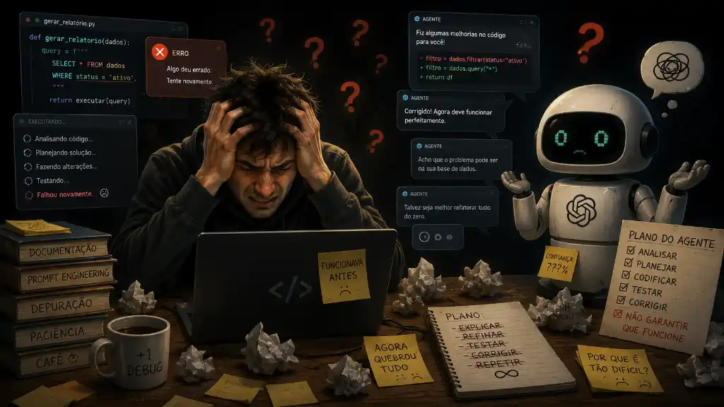 Uma pessoa visivelmente frustrada diante de um computador, representando a irritação com agentes de codificação.