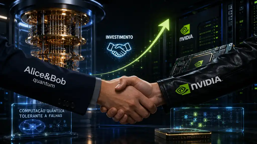 Logotipos da NVIDIA e Alice & Bob lado a lado, simbolizando a parceria e o investimento em computação quântica.
