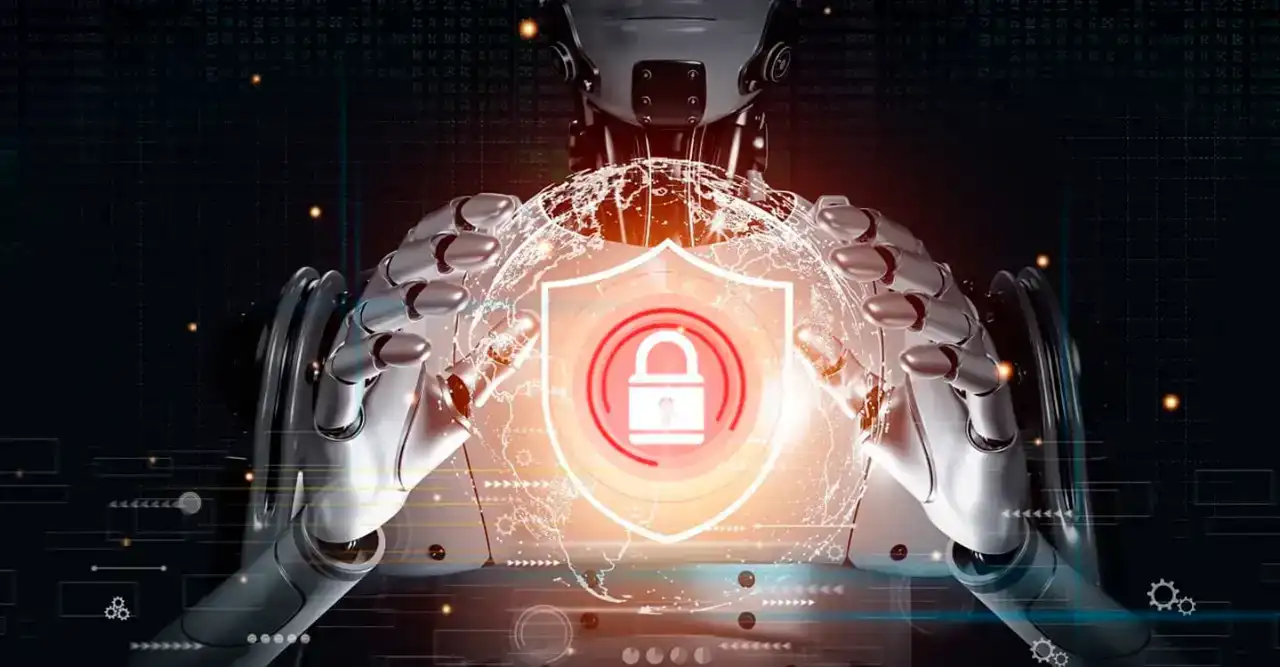 Ícone de inteligência artificial com fechadura e dados, representando segurança de dados na IA.