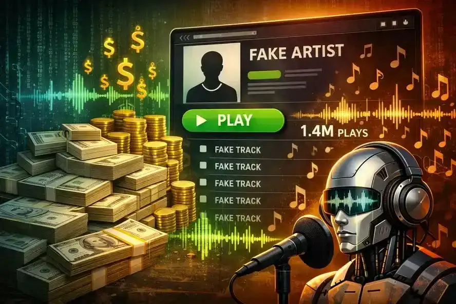 Ilustração de uma mão humana interagindo com símbolos musicais digitais e elementos de inteligência artificial, representando a fusão e os desafios da IA na música.