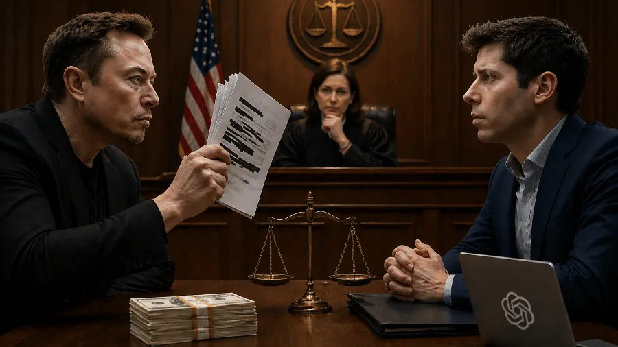 Elon Musk em terno preto, testemunhando em tribunal, com advogados ao fundo e a logo fictícia 