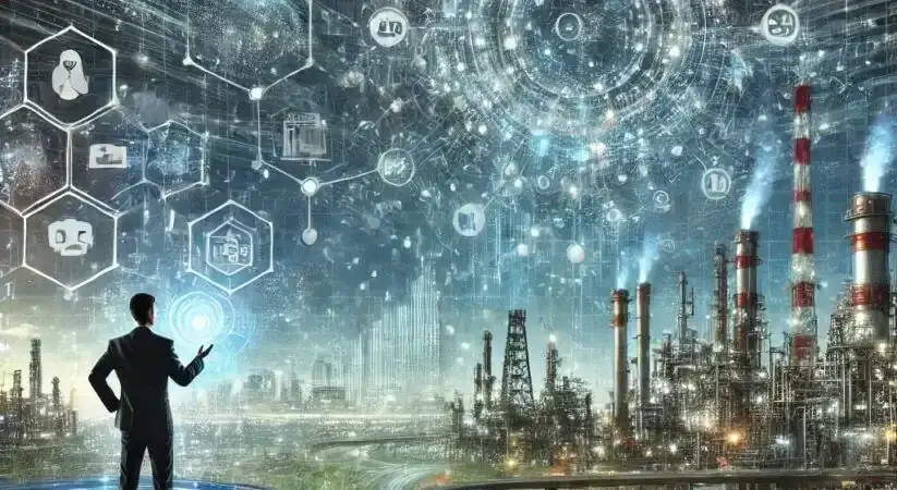 Ilustração futurista de um pequeno reator modular (SMR) ao lado de um data center, sob um céu com elementos que remetem à energia limpa e inteligência artificial.