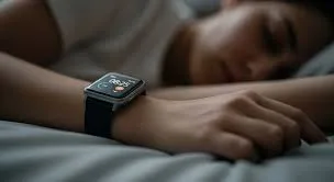 Close-up de um smartwatch no pulso de uma pessoa, mostrando gráficos de monitoramento de sono na tela.