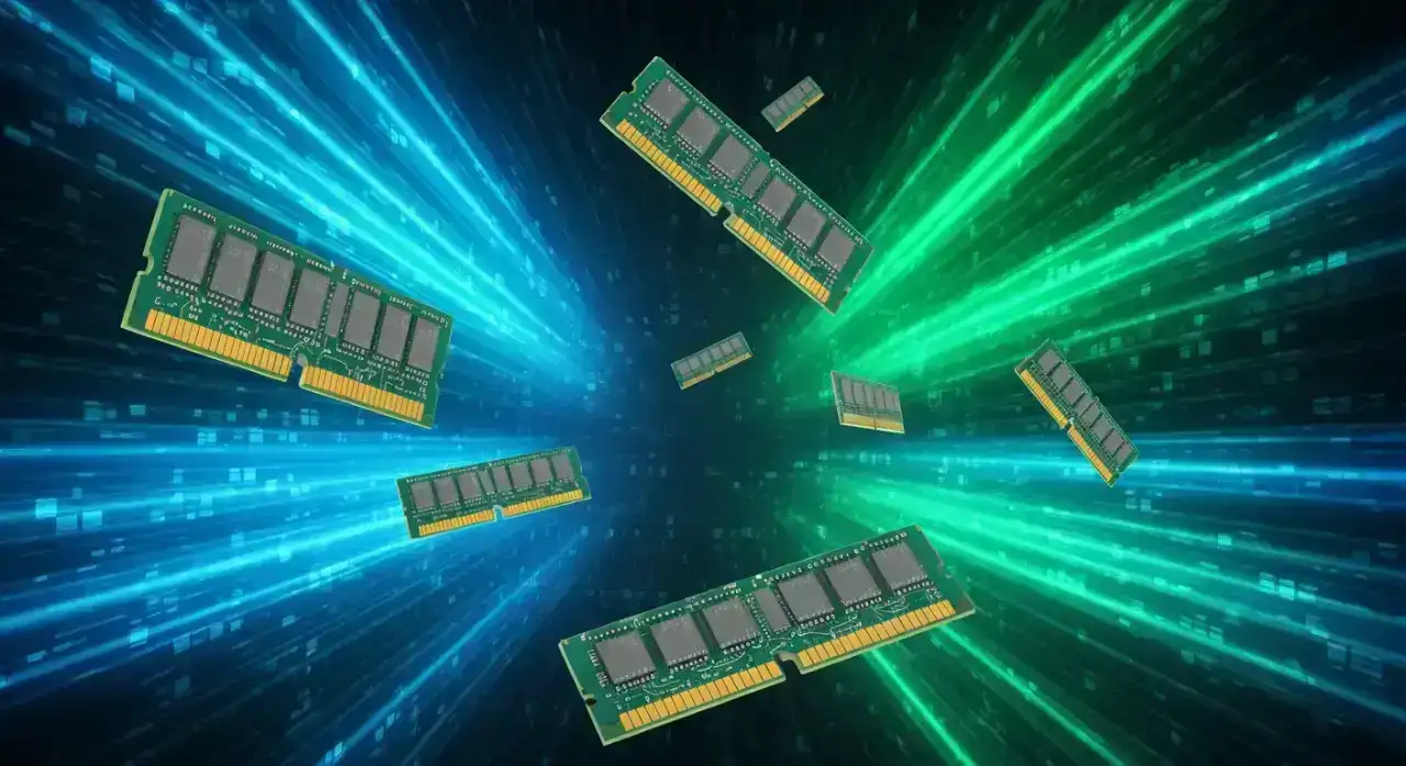 Close-up de um chip de memória RAM com o logo da Microsoft ao fundo, simbolizando a batalha tecnológica