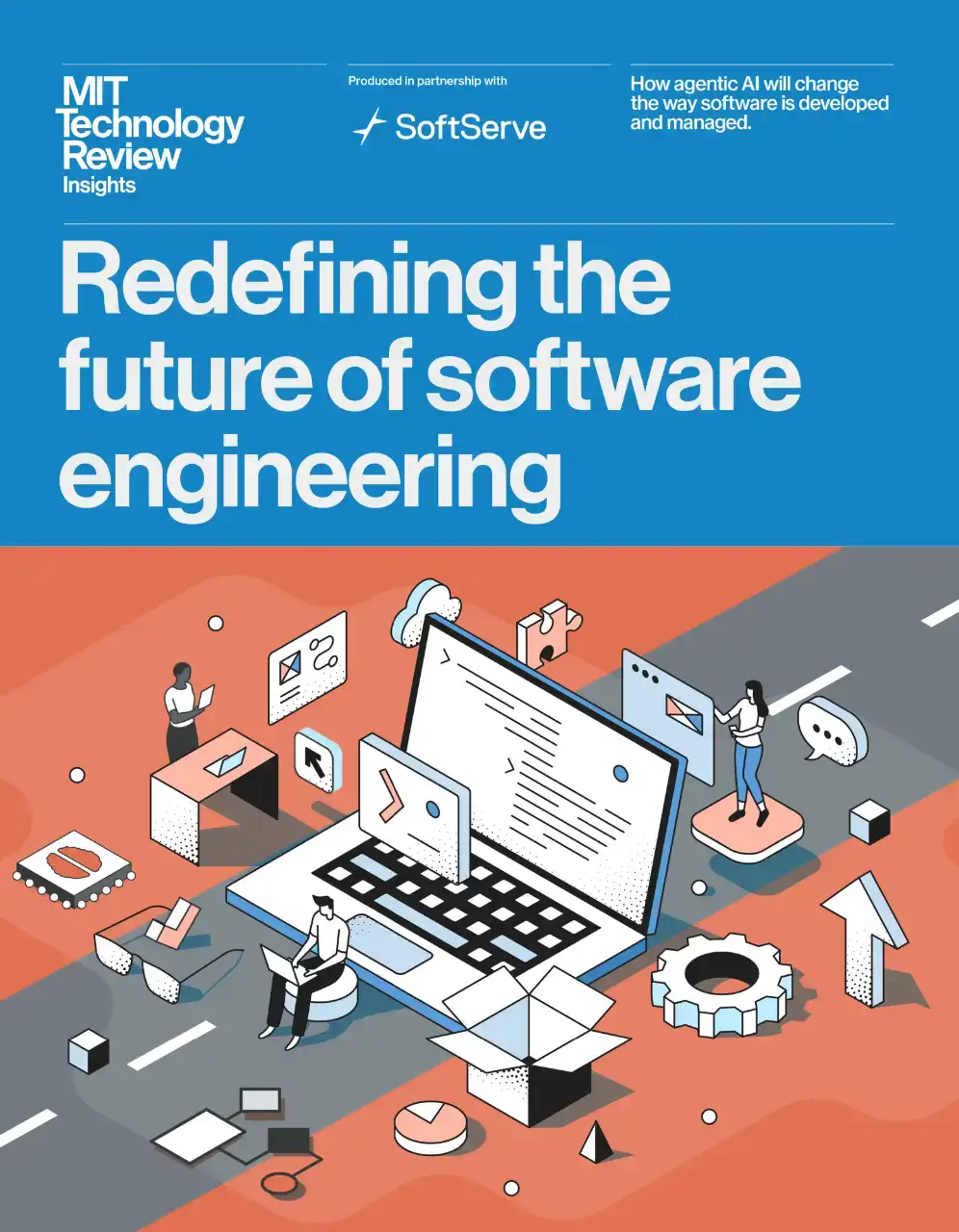 Capa do relatório MIT Technology Review que aborda a IA agêntica na engenharia de software, com gráficos e textos indicando o tema.