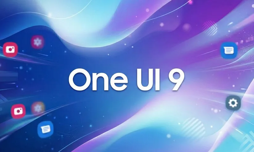 Close-up de um smartphone Samsung Galaxy exibindo a interface One UI, com elementos futuristas em segundo plano, representando a nova versão do sistema.
