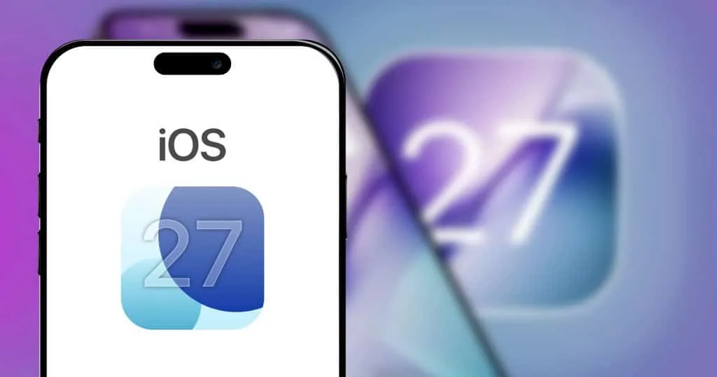 Logo do iOS 27 em um fundo roxo escuro, indicando um novo sistema operacional da Apple.