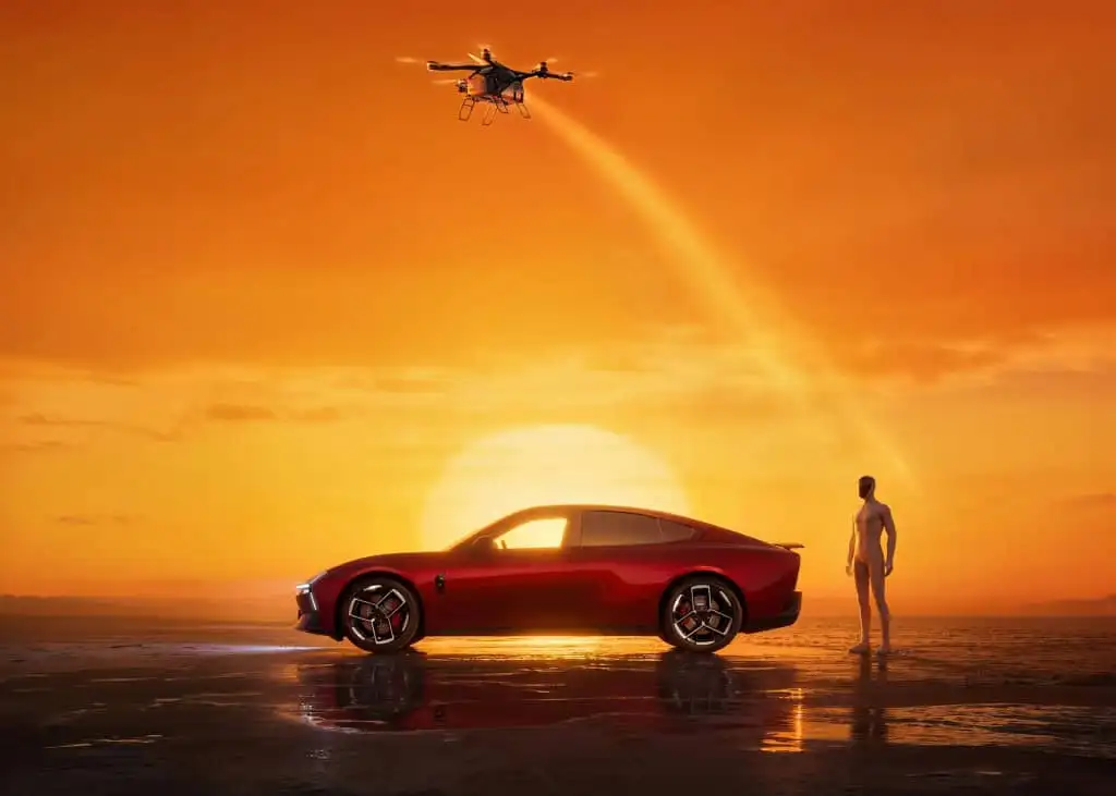 Imagem de um carro da Xpeng, possivelmente um robotáxi, em um showroom ou evento automotivo, com destaque para o design e a tecnologia embarcada. Ao fundo, um ambiente moderno e futurista.