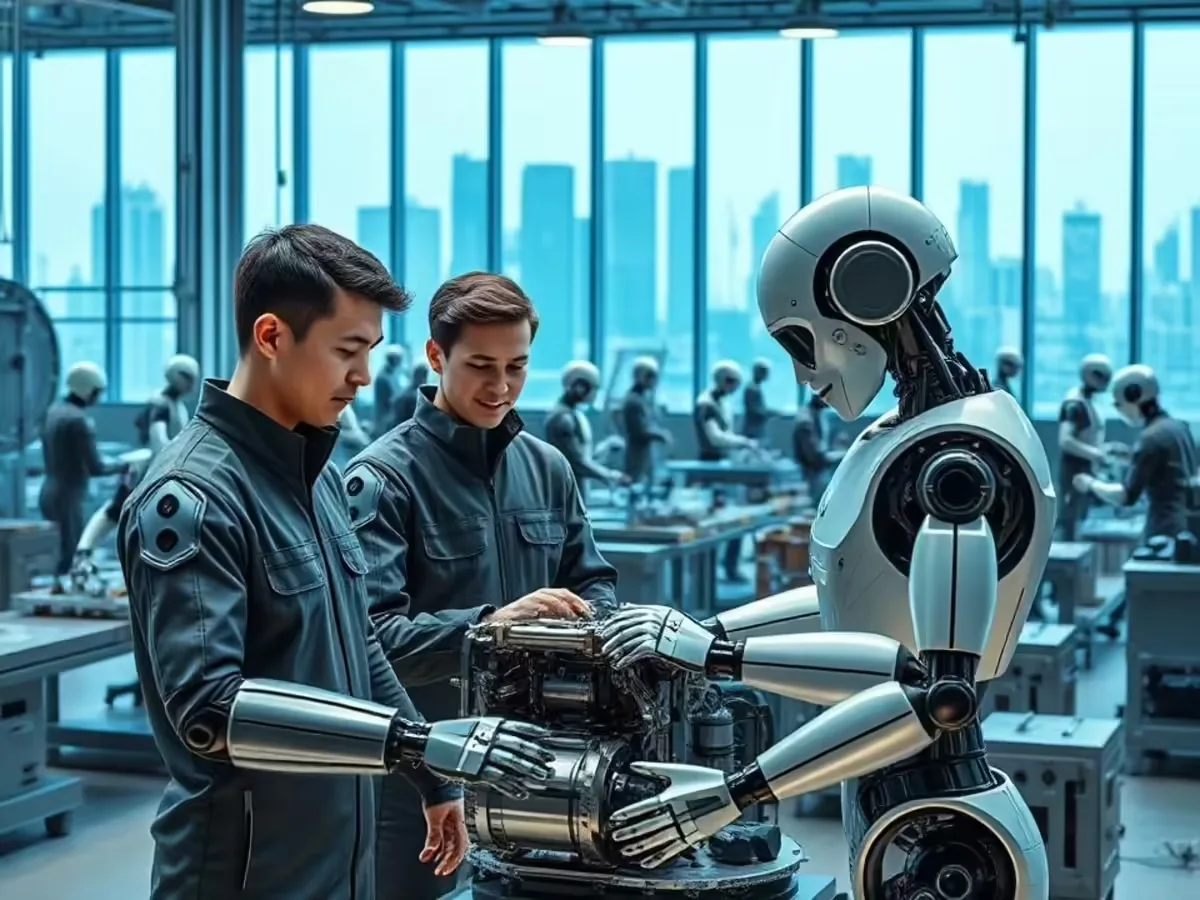 Robô industrial da ABB em ambiente de fábrica, com elementos visuais de Inteligência Artificial da Nvidia em segundo plano.