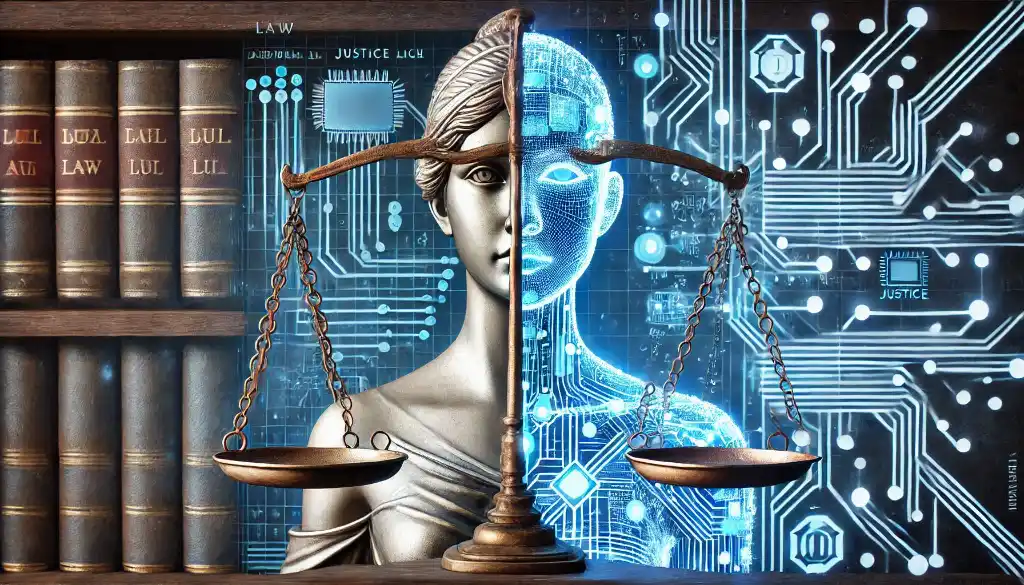 Um robô de IA com expressão séria usando um terno de advogado e um martelo de juiz, em um tribunal moderno e futurista.