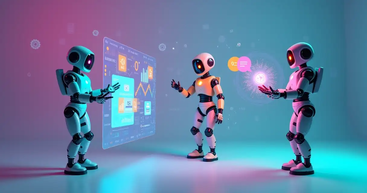 Ilustração moderna de um circuito eletrônico complexo com elementos de rede neural, simbolizando a interação e o controle dos agentes de IA em um ambiente corporativo. As linhas de conexão representam o fluxo de dados e a colaboração entre sistemas e agentes em uma estrutura 