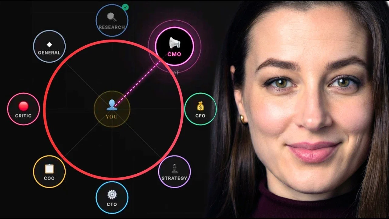 Sete agentes de IA em uma reunião de diretoria, simbolizando colaboração e automação