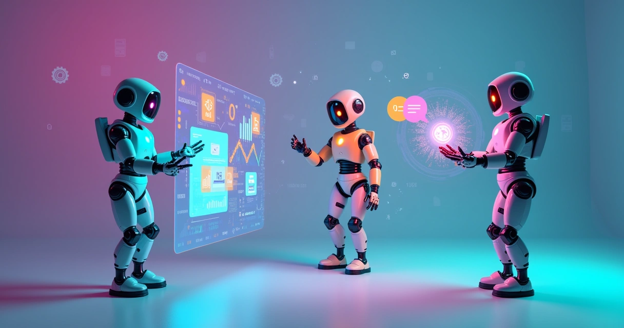 Representação visual de vários agentes de IA trabalhando juntos em um ecossistema coordenado, sobre um fundo tecnológico. 