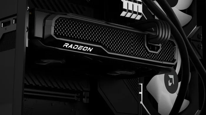 Placa de vídeo AMD Radeon em destaque, simbolizando a inovação em geração de quadros e Inteligência Artificial.