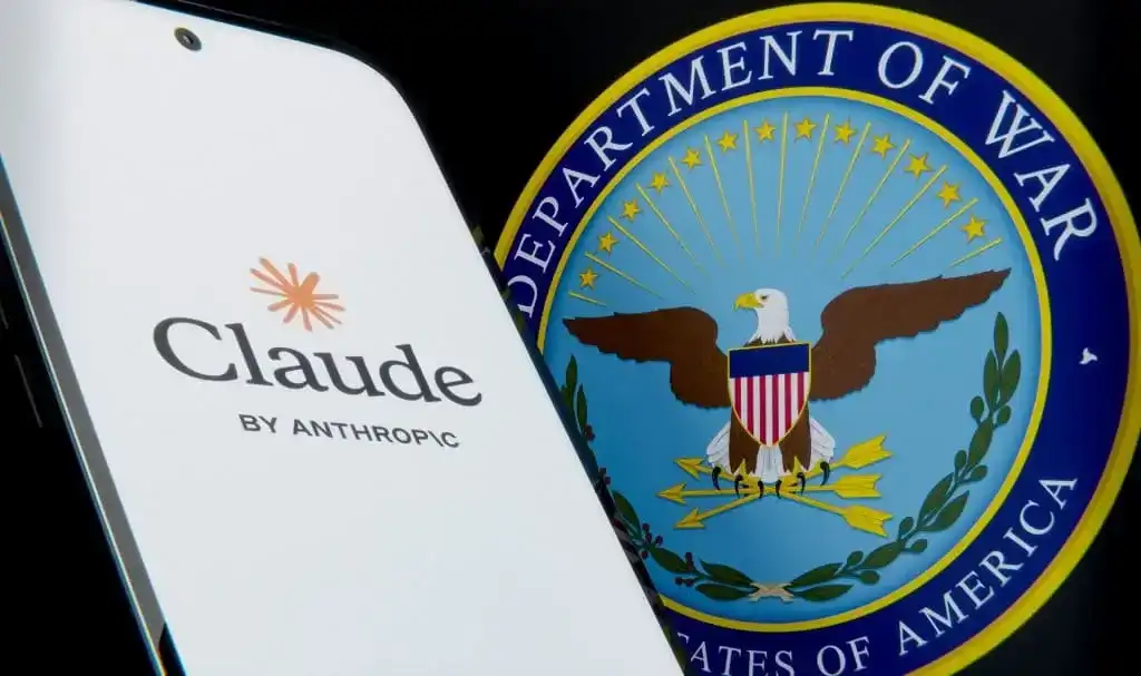 Logotipos do Claude, da Anthropic e do Departamento de Defesa dos EUA, simbolizando o conflito e diálogo sobre IA e segurança.