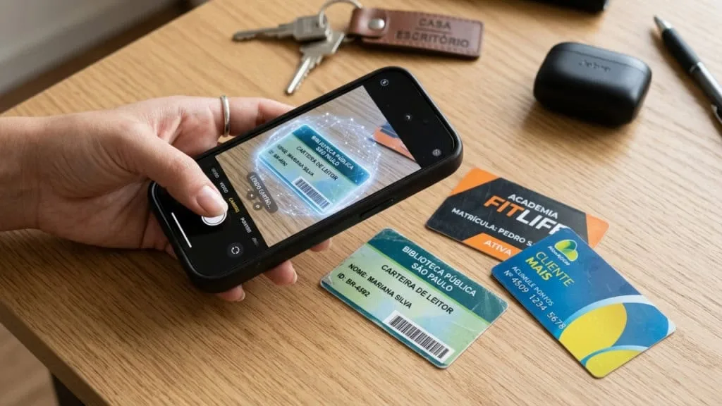 Imagem gerada por IA mostrando um iPhone exibindo a Apple Wallet com diversos cartões digitais, simbolizando a centralização de passes e a eliminação de plásticos físicos.