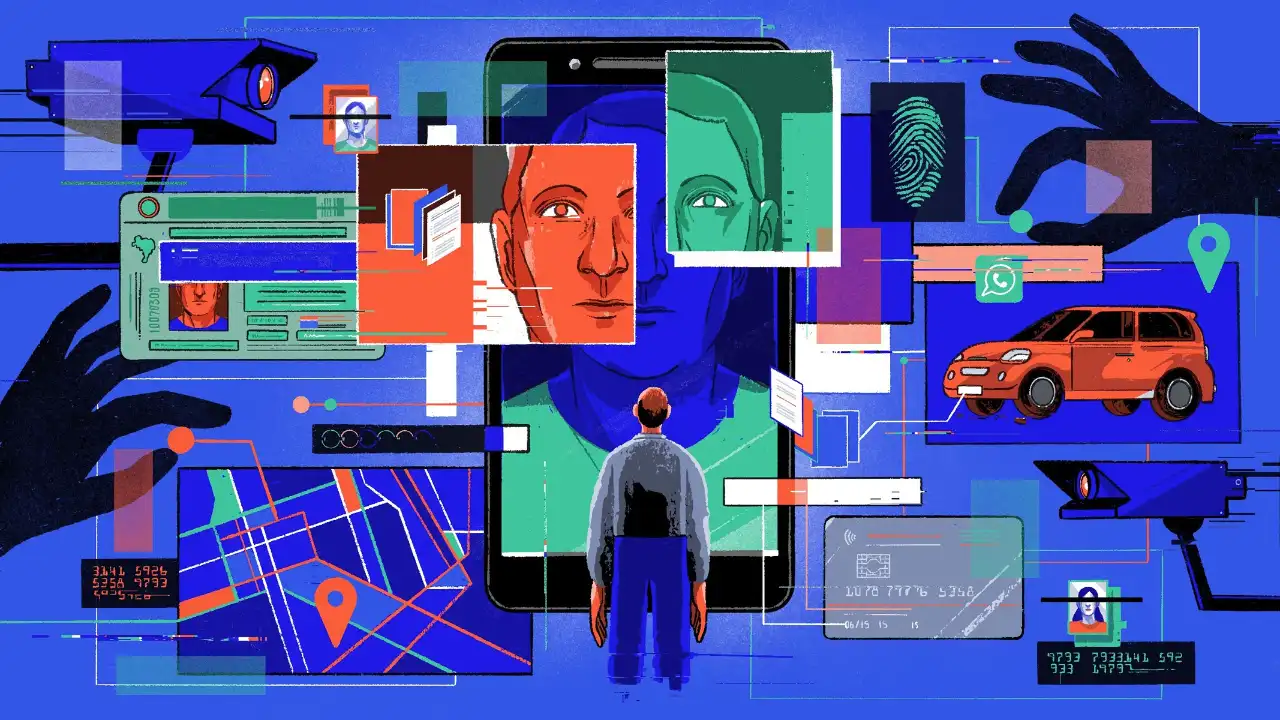 Smartphone com ícones de apps governamentais e um olho em lente de câmera, simbolizando vigilância e coleta de dados.