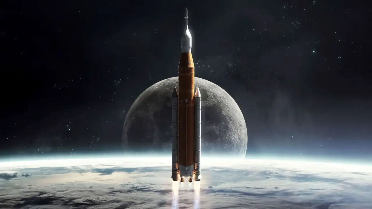 Astronautas da NASA olhando para a Lua, com o foguete SLS e naves da SpaceX e Blue Origin em segundo plano, ilustrando a missão Artemis