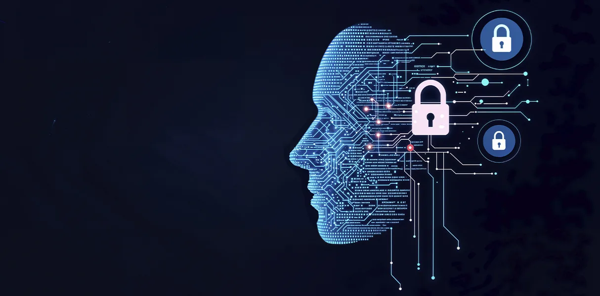 Gráfico abstrato simulando ameaça cibernética com elementos de inteligência artificial e cadeados