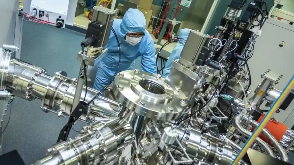 Cientista em laboratório com equipamentos avançados, trabalhando no desenvolvimento de bateria quântica