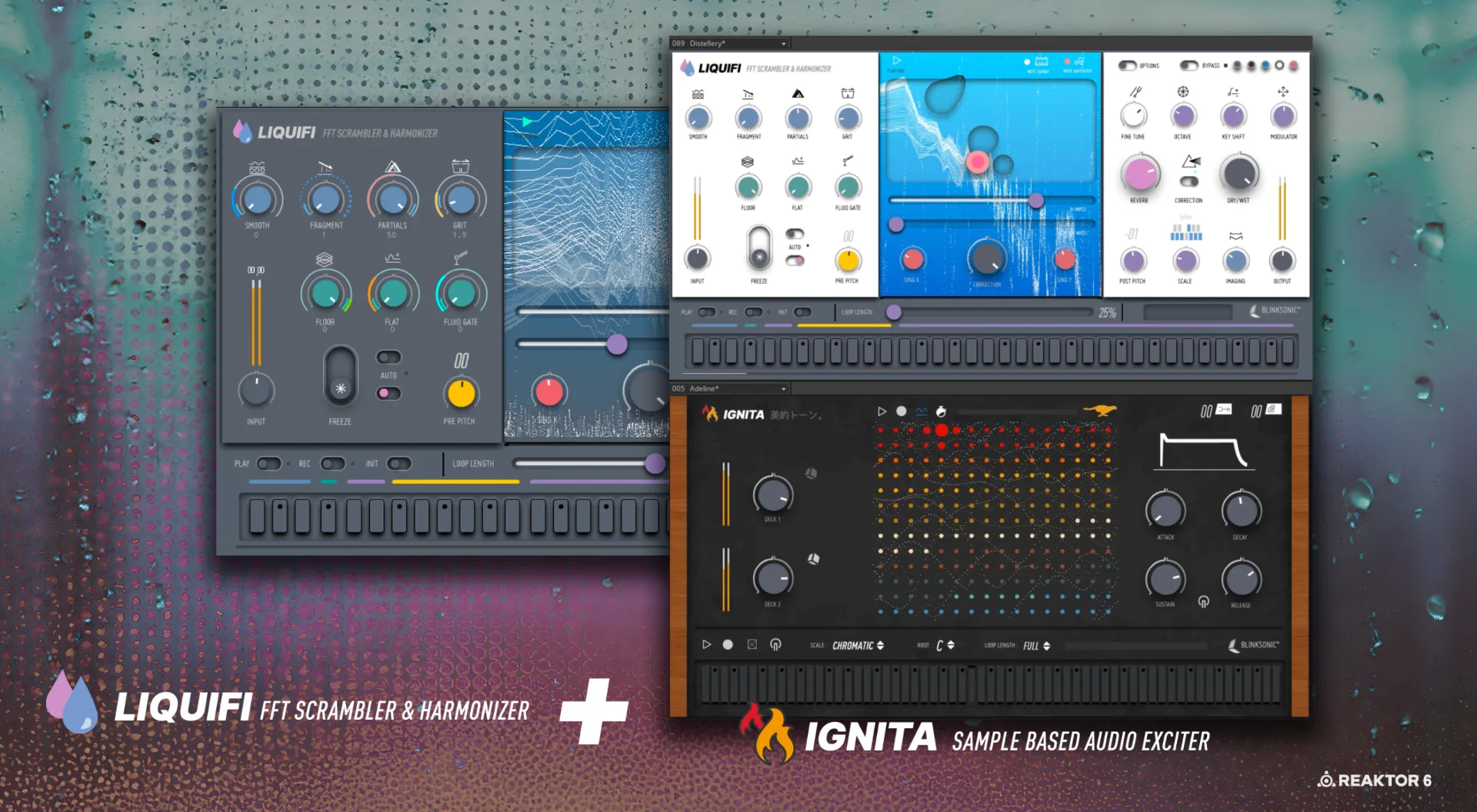 Interface do software Blinksonic ECLO.RE/GEN com elementos visuais de áudio e botões.