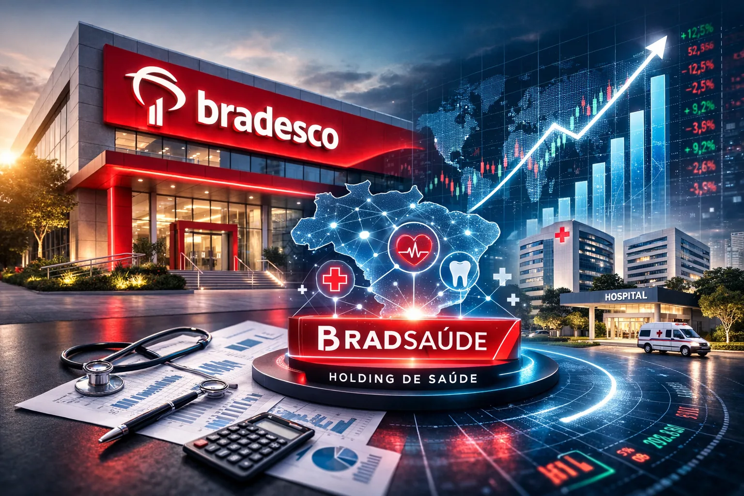 Executivo discute estratégia de IA para Bradesco Saúde, com gráficos financeiros ao fundo, simbolizando economia e inovação.