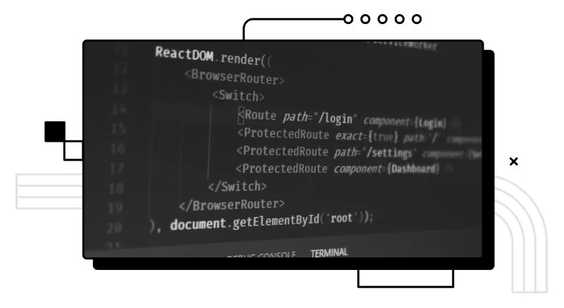 Diagrama mostrando a estrutura de um aplicativo React com rotas definidas usando BrowserRouter para navegação fluida.