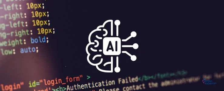 Ilustração de um mecanismo de busca combinando elementos de inteligência artificial e código-fonte, representando a busca híbrida para desenvolvedores.