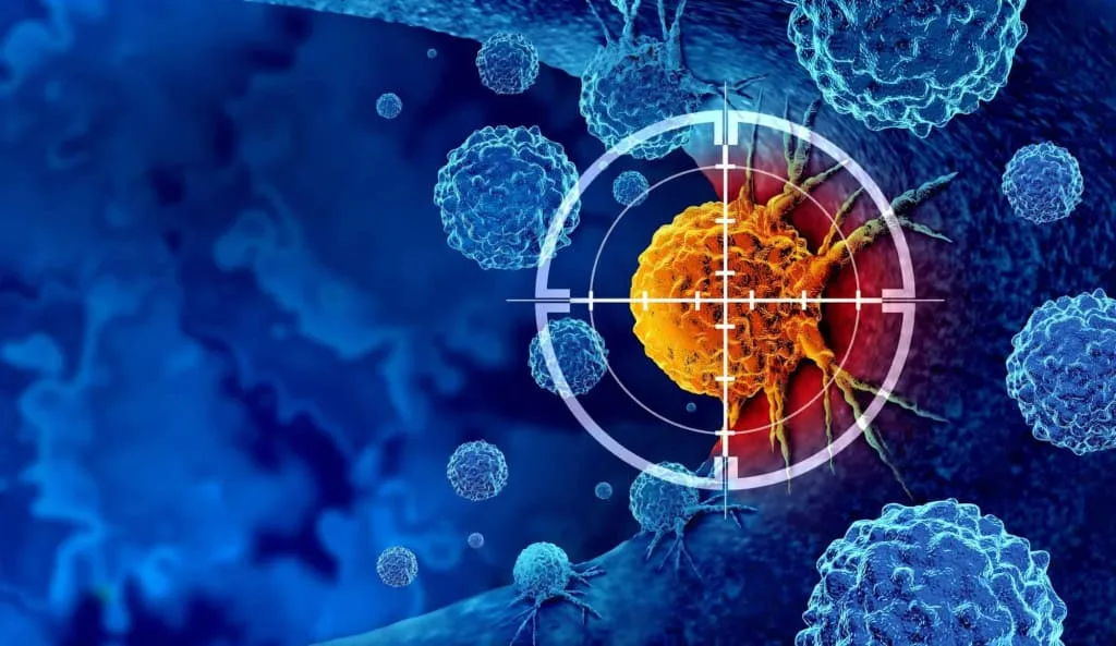 Células tumorais e a glicoproteína CA19-9. Imagem ilustrativa de microscopia representando o mecanismo de detecção do biossensor.