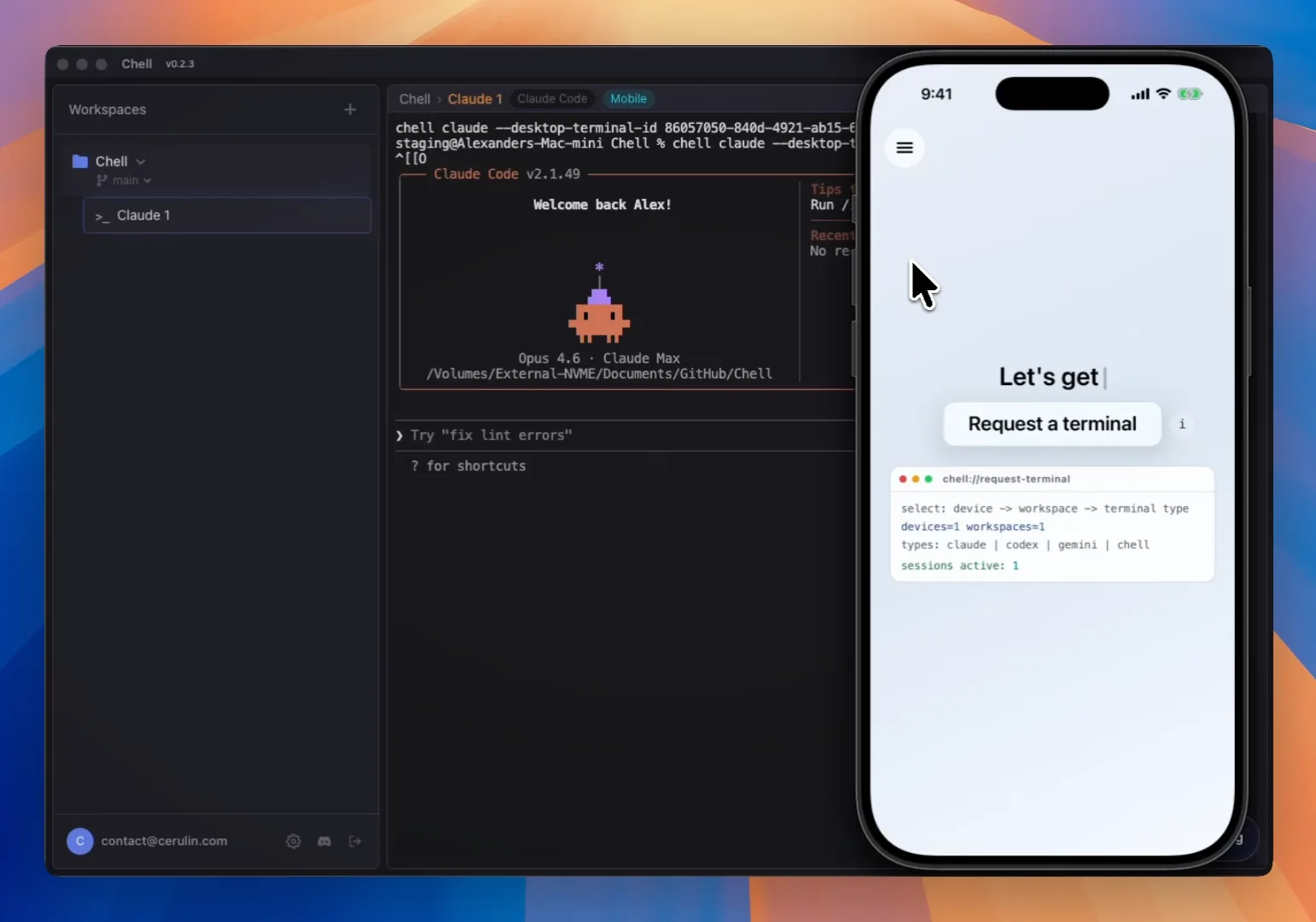 Ilustração de um smartphone conectado a servidores via um agente de inteligência artificial, simbolizando acesso remoto a terminais.
