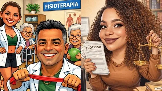 Pessoa sorrindo usando um laptop com caricaturas geradas por IA no fundo, ilustrando a trend da profissão no Instagram.