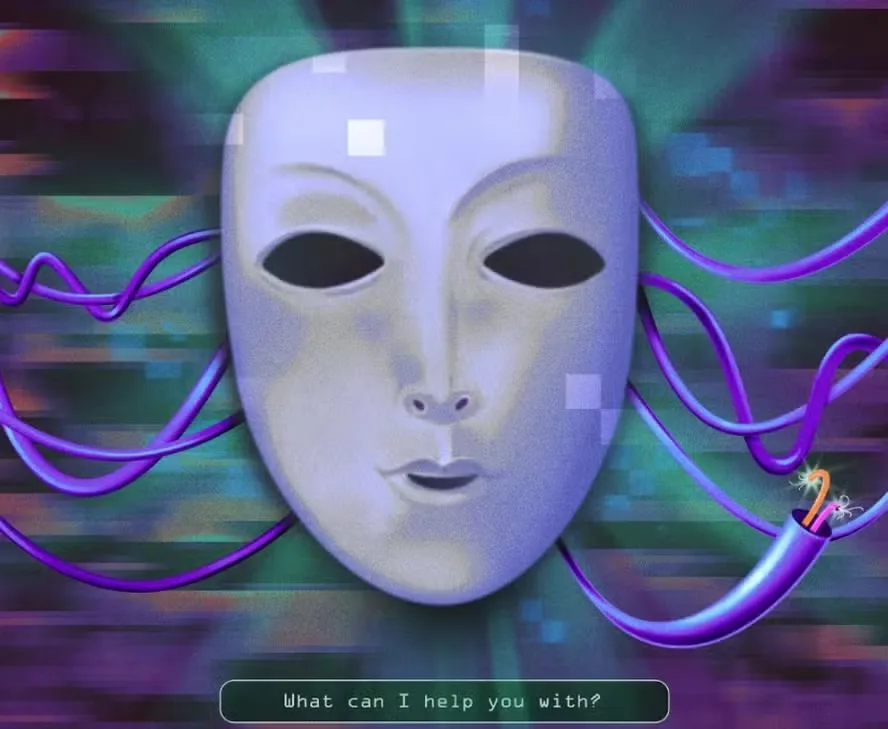 Imagem ilustrativa de uma pessoa pensativa diante de uma tela de computador, com elementos de interface de chatbot e um ambiente sombrio ao redor.