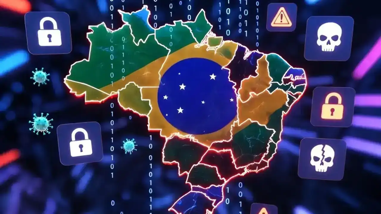 Imagem ilustrativa de um mapa-múndi digital com cadeados e símbolos de segurança, representando a ameaça cibernética global e sua proteção.