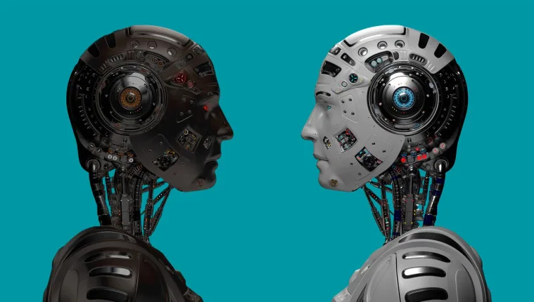 Uma figura abstrata representando a inteligência artificial com elementos de segurança e saúde, como um cadeado digital e um estetoscópio digital.