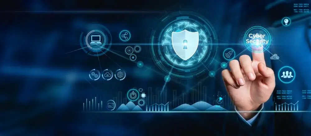 Muitas mãos trabalhando juntas em um ambiente de tecnologia, simbolizando colaboração humana e técnica em cibersegurança, com elementos de código e inteligência artificial.