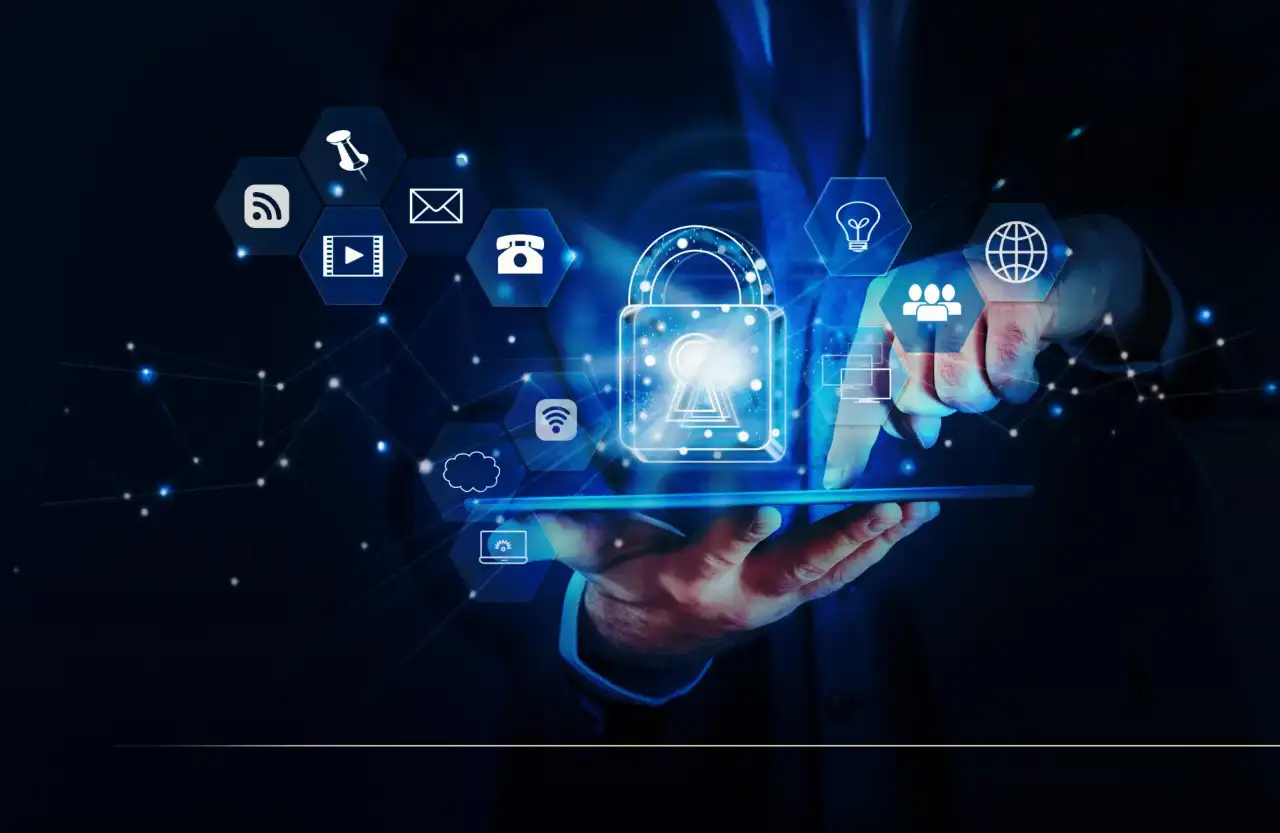 Gráfico abstrato com representação de dados digitais e um escudo simbolizando cibersegurança, com um ponto de interrogação indicando desconfiança em relação à IA.