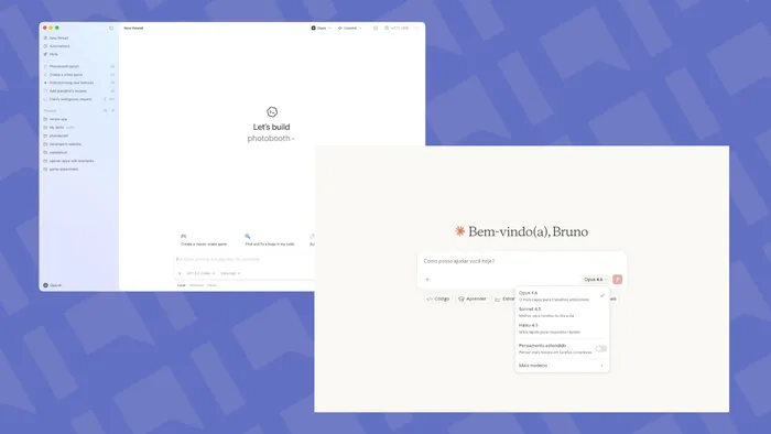 Comparação visual de interfaces e logotipos dos modelos de IA Claude Opus e GPT-5.3-Codex, indicando suas diferenças e foco.