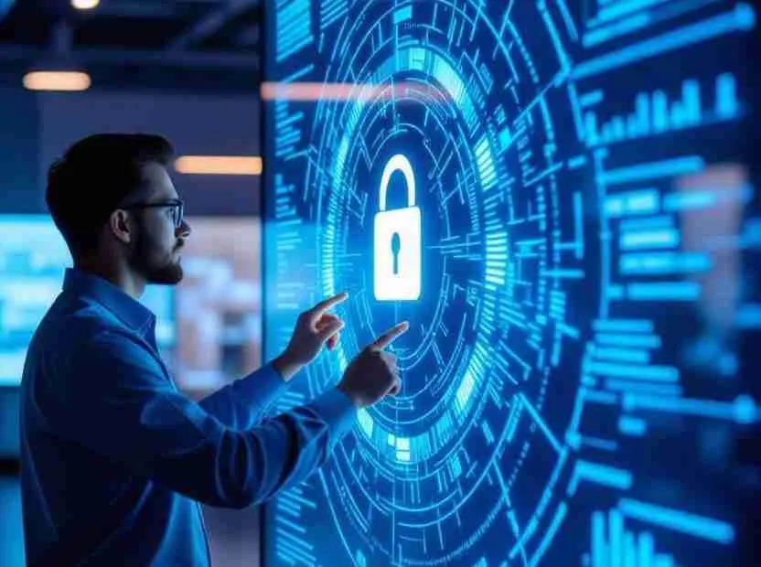 Uma câmera de segurança moderna com uma interface digital sobreposta, simbolizando a inteligência artificial compreendendo o ambiente monitorado.