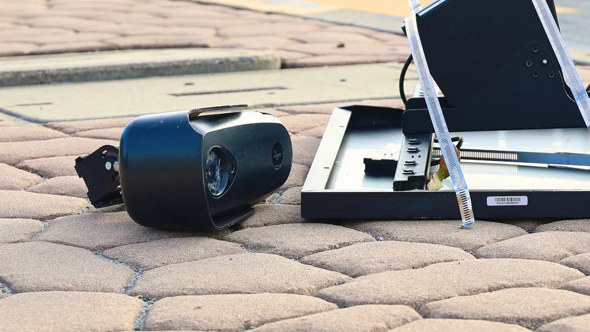 Uma câmera de vigilância da Flock Safety, de cor escura, montada em um poste na rua, observando a via.