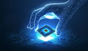 Representação visual de qubits interconectados em um ambiente de computação quântica, com luzes azuis e roxas.
