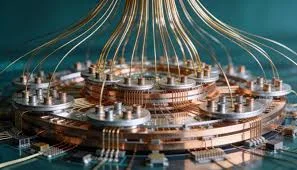 Representação visual abstrata de computação quântica com elementos brilhantes e interconectados.