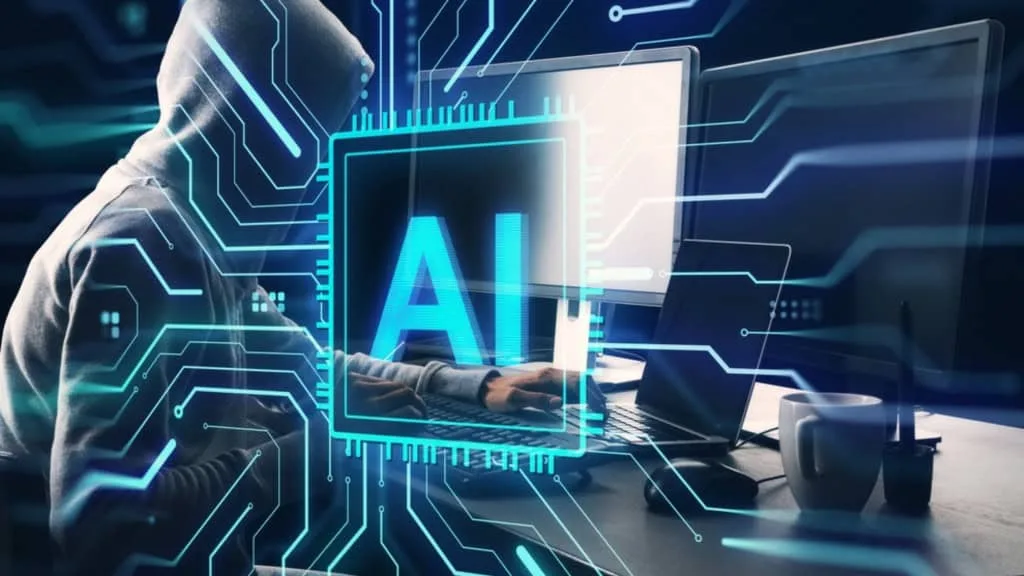 Ilustração de agentes de IA interagindo em uma rede digital, com símbolos de confiança e dados sendo registrados