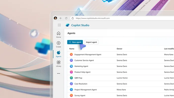 Logotipo do Copilot Studio com recursos de multiagentes de IA, novas integrações e APIs