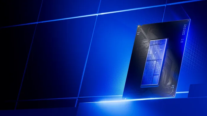 Imagem conceitual de um chip Intel futurista, com detalhes azuis e circuitos complexos, simbolizando a arquitetura Nova Lake e os novos Core Ultra 400HX para notebooks.