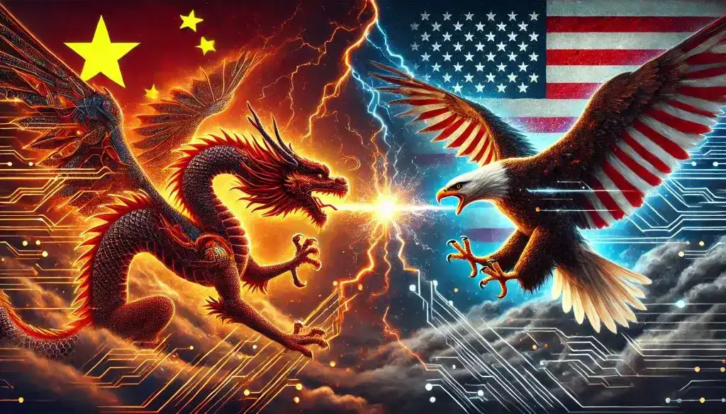 Gráfico mostrando o avanço e a paridade de desempenho entre modelos de IA de empresas americanas como Anthropic, Google, OpenAI e chinesas como DeepSeek e Alibaba, destacando a intensa competição global.
