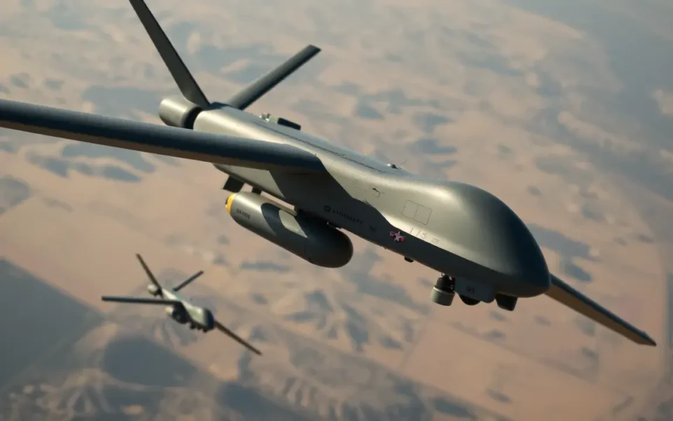 Imagem ilustrativa de drones militares com gráficos de criptomoedas ao fundo, simbolizando o financiamento de equipamentos bélicos por moedas digitais.